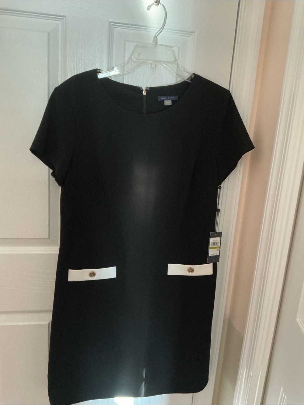 Tommy Hilfiger Black Short Sleeve Shift Dress with White Pocket Trim